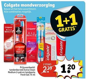 Aanbiedingen Tandenborstel extra clean medium en tandpasta fresh gel - Colgate - Geldig van 25/04/2017 tot 07/05/2017 bij Kruidvat