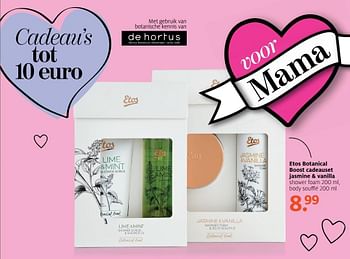 Aanbiedingen Etos botanical boost cadeauset jasmine + vanilla shower foam body souffle - Huismerk - Etos - Geldig van 01/05/2017 tot 07/05/2017 bij Etos