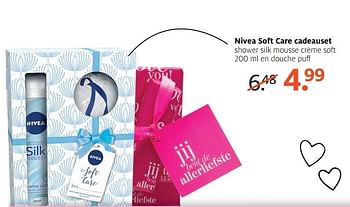 Aanbiedingen Nivea soft care cadeauset shower silk mousse crème soft en douche puff - Nivea - Geldig van 01/05/2017 tot 07/05/2017 bij Etos