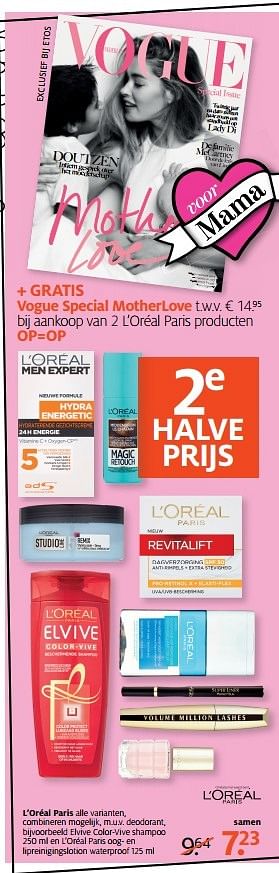 Aanbiedingen Elvive color-vive shampoo en l`oréal paris oog- en lipreinigingslotion waterproof - L'Oreal Paris - Geldig van 01/05/2017 tot 07/05/2017 bij Etos