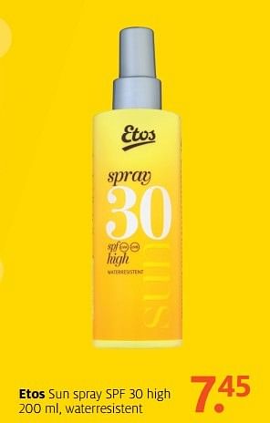 Aanbiedingen Etos sun spray spf 30 high , waterresistent - Huismerk - Etos - Geldig van 01/05/2017 tot 07/05/2017 bij Etos