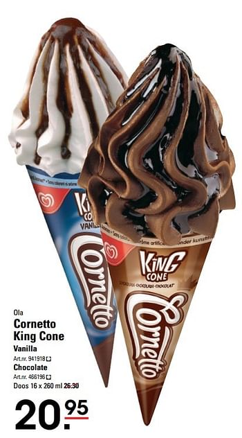 Aanbiedingen Ola cornetto king cone vanilla - Ola - Geldig van 20/04/2017 tot 08/05/2017 bij Sligro