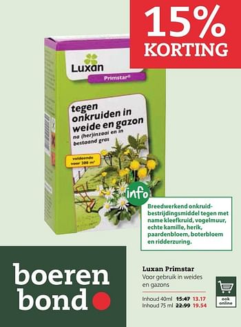 Aanbiedingen Luxan primstar voor gebruik in weides en gazons - Luxan - Geldig van 01/05/2017 tot 14/05/2017 bij Boerenbond