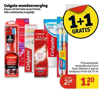 Aanbiedingen Tandenborstel extra clean medium 2-pak en tandpasta fresh gel - Colgate - Geldig van 02/05/2017 tot 07/05/2017 bij Kruidvat