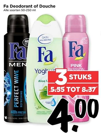 Aanbiedingen Fa deodorant of douche - Fa - Geldig van 07/05/2017 tot 13/05/2017 bij Vomar
