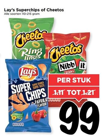 Aanbiedingen Lay`s superchips of cheetos - Lay's - Geldig van 07/05/2017 tot 13/05/2017 bij Vomar