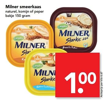 Aanbiedingen Milner smeerkaas naturel, komijn of peper - Milner - Geldig van 07/05/2017 tot 13/05/2017 bij Deen Supermarkten