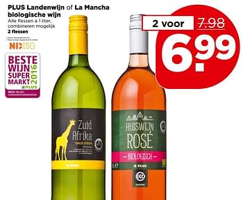 Aanbiedingen Plus landenwijn of la mancha biologische wijn - Witte wijnen - Geldig van 07/05/2017 tot 13/05/2017 bij Plus