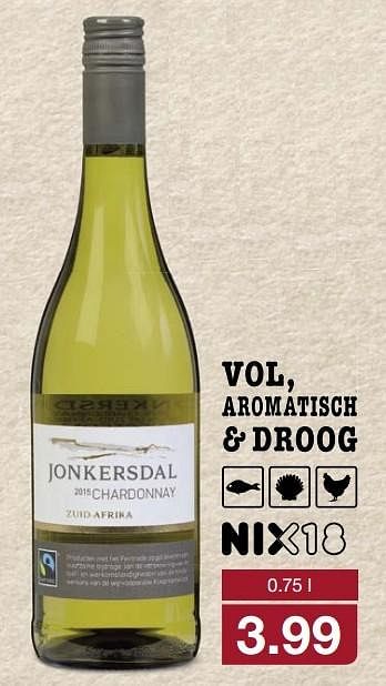 Aanbiedingen Jonkersdal 2015 chardonnay - Witte wijnen - Geldig van 08/05/2017 tot 13/05/2017 bij Aldi