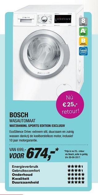 Aanbiedingen Bosch wasautomaat wat28490nl sports edition exclusiv - Bosch - Geldig van 01/05/2017 tot 14/05/2017 bij Electro World