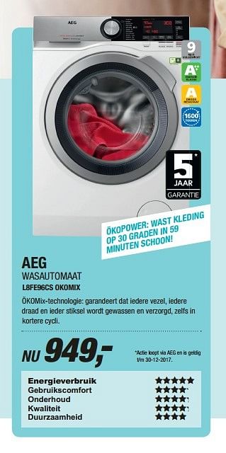 Aanbiedingen Aeg wasautomaat l8fe96cs okomix - AEG - Geldig van 01/05/2017 tot 14/05/2017 bij Electro World