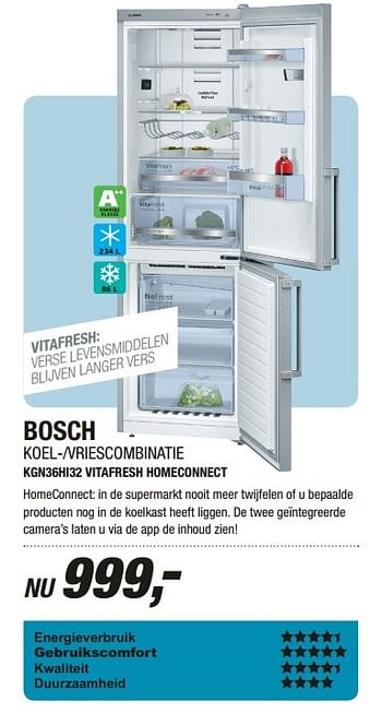Aanbiedingen Bosch koel--vriescombinatie kgn36hi32 vitafresh homeconnect - Bosch - Geldig van 01/05/2017 tot 14/05/2017 bij Electro World