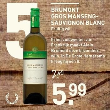 Aanbiedingen Brumont gros mansengsauvignon blanc - Witte wijnen - Geldig van 01/05/2017 tot 14/05/2017 bij Gall & Gall