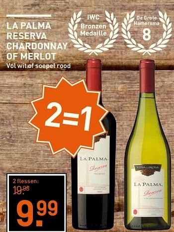 Aanbiedingen La palma reserva chardonnay of merlot - Rode wijnen - Geldig van 01/05/2017 tot 14/05/2017 bij Gall & Gall