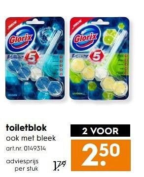 Aanbiedingen Toiletblok ook met bleek - Glorix - Geldig van 06/05/2017 tot 14/05/2017 bij Blokker