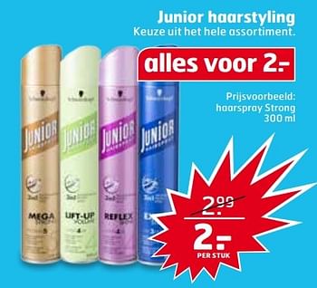 Aanbiedingen Haarspray strong - Junior - Geldig van 09/05/2017 tot 14/05/2017 bij Trekpleister