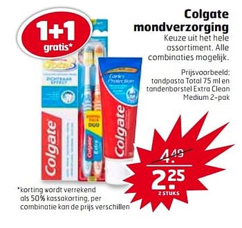 Aanbiedingen Tandpasta total en tandenborstel extra clean medium - Colgate - Geldig van 09/05/2017 tot 14/05/2017 bij Trekpleister