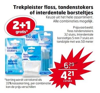 Aanbiedingen Floss tandenstokers interdentale borsteltjes en tandzijde - Huismerk - Trekpleister - Geldig van 09/05/2017 tot 14/05/2017 bij Trekpleister