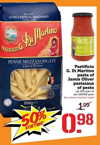 Aanbiedingen Pastifi cio g. di martino pasta of jamie oliver pastasaus of pesto - Jamie Oliver - Geldig van 08/05/2017 tot 14/05/2017 bij Coop