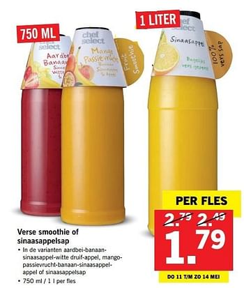 Aanbiedingen Verse smoothie of sinaasappelsap - Chef select - Geldig van 08/05/2017 tot 14/05/2017 bij Lidl