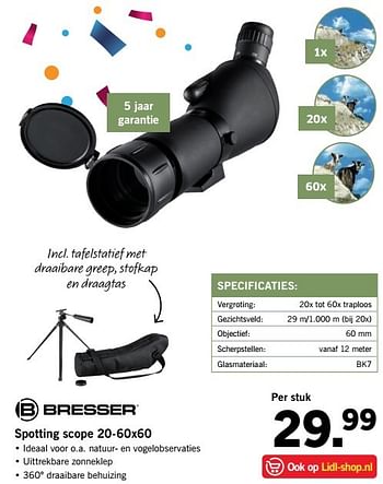 Aanbiedingen Spotting scope 20-60x60 - Bresser - Geldig van 08/05/2017 tot 14/05/2017 bij Lidl