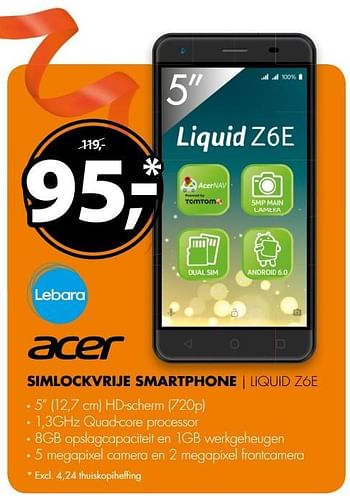 Aanbiedingen Acer simlockvrije smartphone liquid z6e - Acer - Geldig van 07/05/2017 tot 14/05/2017 bij Expert
