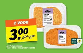 Aanbiedingen Ah varkensgehakt cordon bleu en zigeunerschnitzel - Huismerk - Albert Heijn - Geldig van 08/05/2017 tot 14/05/2017 bij Albert Heijn