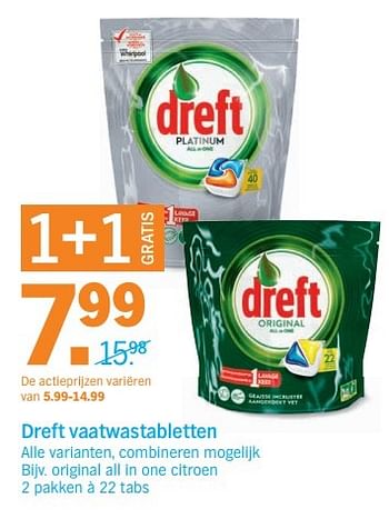 Aanbiedingen Dreft vaatwastabletten original all in one citroen - Dreft - Geldig van 08/05/2017 tot 14/05/2017 bij Albert Heijn
