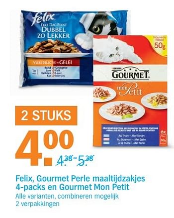 Aanbiedingen Felix, gourmet perle maaltijdzakjes en gourmet mon petit - Purina - Geldig van 08/05/2017 tot 14/05/2017 bij Albert Heijn