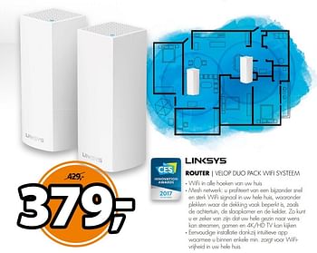 Aanbiedingen Linksys router velop duo pack wifi systeem - Linksys - Geldig van 08/05/2017 tot 14/05/2017 bij Expert