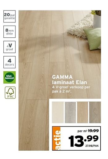 Aanbiedingen Gamma laminaat elan 4 v-groef verkoop per pak à 2 m2. - Huismerk - Gamma - Geldig van 08/05/2017 tot 14/05/2017 bij Gamma