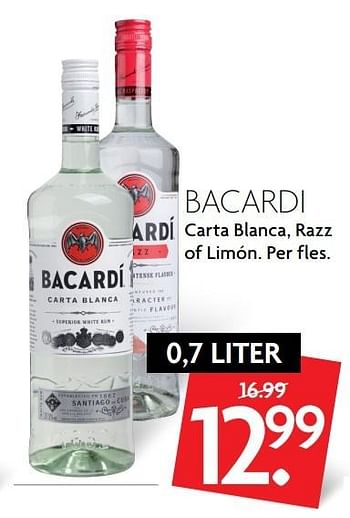 Aanbiedingen Bacardi carta blanca, razz of limón - Bacardi - Geldig van 14/05/2017 tot 20/05/2017 bij Deka Markt