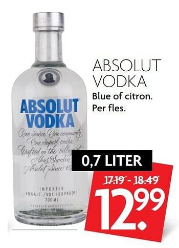 Aanbiedingen Absolut vodka blue of citron - Absolut - Geldig van 14/05/2017 tot 20/05/2017 bij Deka Markt