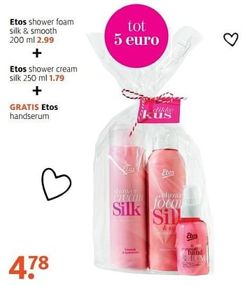 Aanbiedingen Etos shower foam silk + smooth + etos shower cream silk + gratis etos handserum - Huismerk - Etos - Geldig van 08/05/2017 tot 21/05/2017 bij Etos