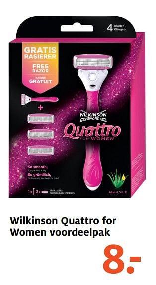 Aanbiedingen Wilkinson quattro for women voordeelpak - Wilkinson - Geldig van 08/05/2017 tot 21/05/2017 bij Etos