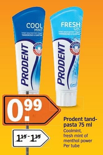 Aanbiedingen Prodent tandpasta coolmint, fresh mint of menthol power per tube - Prodent - Geldig van 14/05/2017 tot 21/05/2017 bij Albert Heijn