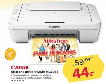 Aanbiedingen Canon all in one printer pixma mg3051 - Canon - Geldig van 15/05/2017 tot 21/05/2017 bij Kijkshop