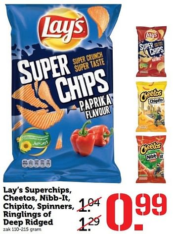 Aanbiedingen Lay`s superchips, cheetos, nibb-it, chipito, spinners, ringlings of deep ridged - Lay's - Geldig van 15/05/2017 tot 21/05/2017 bij Coop