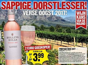 Aanbiedingen Pinotage rosé 2017 rolling hills zuid-afrika - Rosé wijnen - Geldig van 15/05/2017 tot 21/05/2017 bij Dirk III