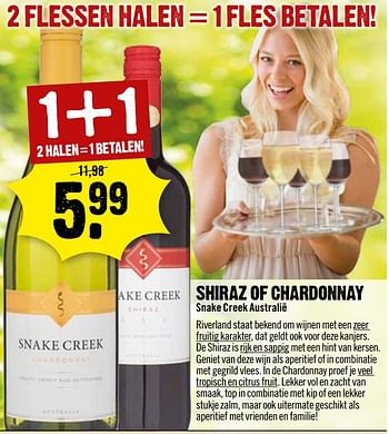 Aanbiedingen Shiraz of chardonnay snake creek australië - Witte wijnen - Geldig van 15/05/2017 tot 21/05/2017 bij Dirk III