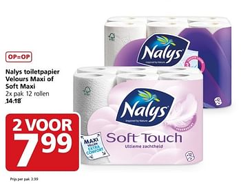 Aanbiedingen Nalys toiletpapier velours maxi of soft max - Nalys - Geldig van 15/05/2017 tot 21/05/2017 bij Jan Linders