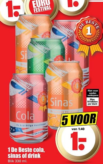 Aanbiedingen 1 de beste cola, sinas of drink - 1 de beste - Geldig van 15/05/2017 tot 21/05/2017 bij Lekker Doen