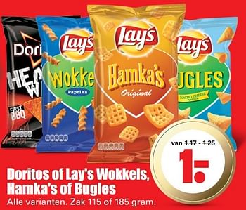 Aanbiedingen Doritos of lay`s wokkels, hamka`s of bugles - Huismerk - Dirk - Geldig van 15/05/2017 tot 21/05/2017 bij Lekker Doen