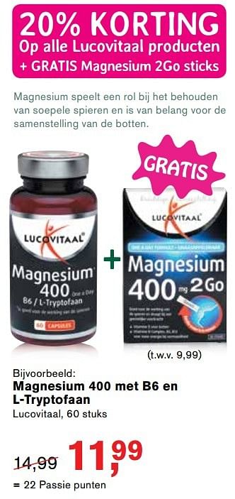Aanbiedingen Magnesium 400 met b6 en l-tryptofaan - Lucovitaal - Geldig van 08/05/2017 tot 28/05/2017 bij Holland & Barrett