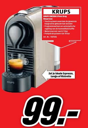 Aanbiedingen Krups xn250a u pure grey nespresso - Krups - Geldig van 15/05/2017 tot 21/05/2017 bij Media Markt