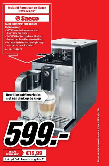 Aanbiedingen Saeco hd8927-01 picobaristo volautomaat - Saeco - Geldig van 15/05/2017 tot 21/05/2017 bij Media Markt