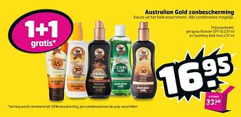 Aanbiedingen Australian gold zonbescherming gel spray bronzer spf 10 en soothing aloë vera - Australian - Geldig van 16/05/2017 tot 21/05/2017 bij Trekpleister