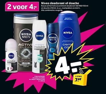 Aanbiedingen Nivea deodorant of douche deospray invisible for black + white fresh - Nivea - Geldig van 16/05/2017 tot 21/05/2017 bij Trekpleister