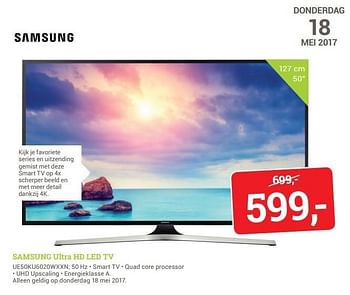 Aanbiedingen Samsung ultra hd led tv ue50ku6020wxxn; - Samsung - Geldig van 18/05/2017 tot 18/05/2017 bij BCC