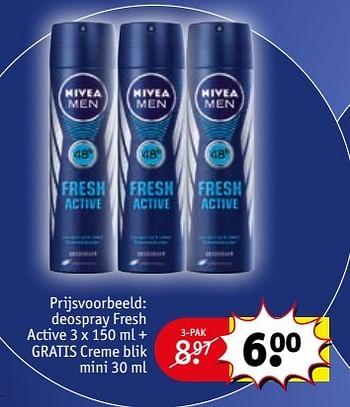 Aanbiedingen Deospray fresh active+ gratis creme blik mini - Nivea - Geldig van 16/05/2017 tot 28/05/2017 bij Kruidvat
